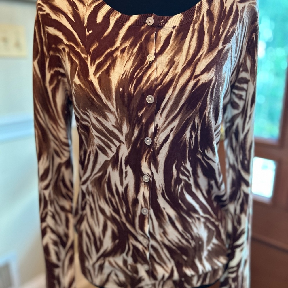 Talbots Off-white and Brown Cardigan with Zebra Print